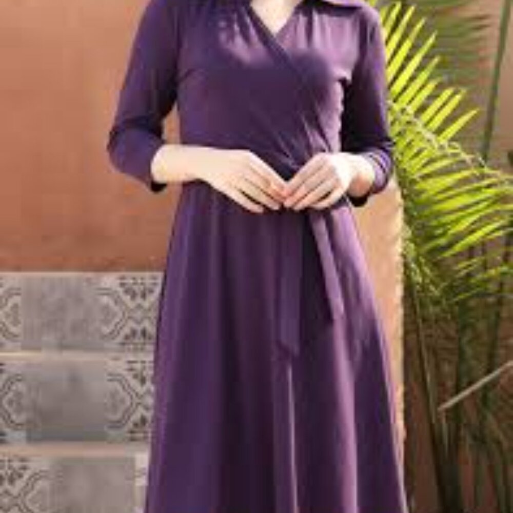 Asphratti Purple Wrap Dress Long Sleeve Midi Collar Size Small